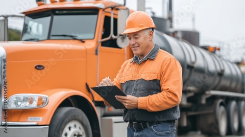 Truck driver conducting safety check at transport depot industrial setting action shot professional environment