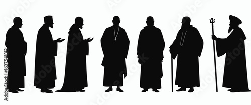 A group of seven men in silhouette, representing various religious roles and clerical garments, stand against a white background.