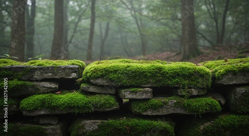 Lush Green Moss on Ancient Stone Wall in Misty Forest