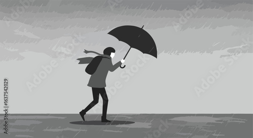 Walking under umbrella on a rainy day with a backpack. Grey scale illustration