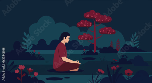 Meditating man in nature setting, serene. Trees, bushes, & flowers around. Peaceful scene