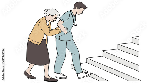 Caregiver assisting elderly woman on stairs illustration.