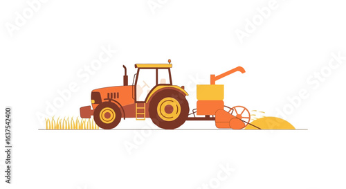 Stylized illustration of a tractor in a field with harvesting implement