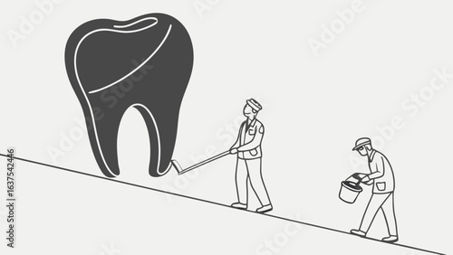 Cartoon Dentists Cleaning a Large Tooth on a Sloping Surface.
