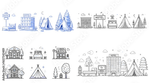 Travel and accommodation illustration set featuring hotels, tents, cabins, houses, and forest elements in clean hand-drawn style. Perfect for tourism and outdoor adventure themes.

