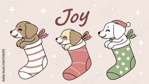 Cartoon Dogs in Christmas Stockings with the Word Joy.