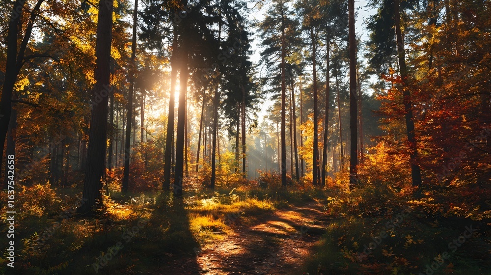 Fototapeta premium Sunlight streams through autumn foliage in a forest.