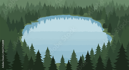 Still lake is surrounded by lush green pines in a dense forest