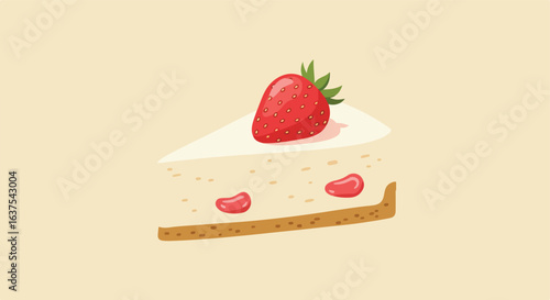 Cartoon cake slice crust, light cream, strawberry with leaves and fruit pieces