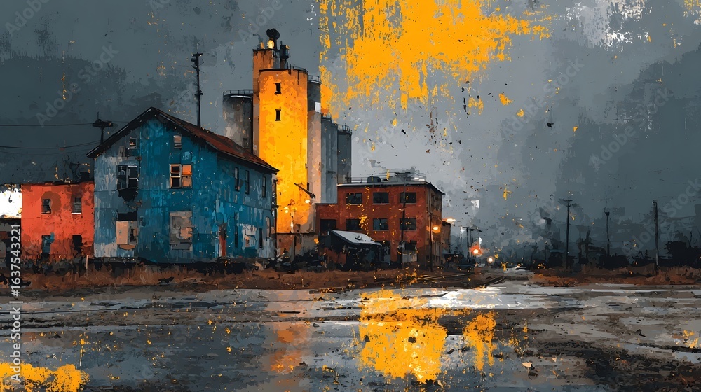 Fototapeta premium Moody vintage inspired graphic illust n depicting a dramatic gritty urban scene with weathered buildings industrial textures and a sense of decay in the cityscape