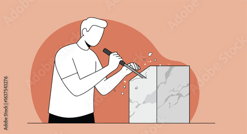 Figure chiseling stone, creating art. Chips fly from his work, on a pink background