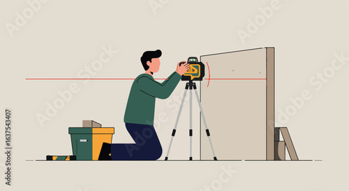 Worker using laser level on drywall, toolbox nearby. Red laser line. Kneeling position