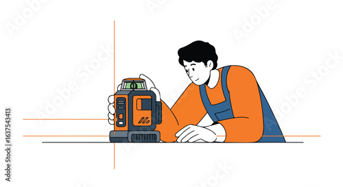 Worker operates orange level. Horizontal, vertical reference lines for construction