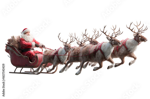 High-resolution, photorealistic image of Santa in his sleigh pulled by reindeer, on a white background, isolated, with no shadows on the ground,.