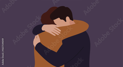 Two figures in a loving embrace against a muted purple backdrop