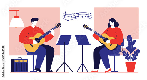 Two individuals performing guitar duets using music stands and amp in an indoor setting