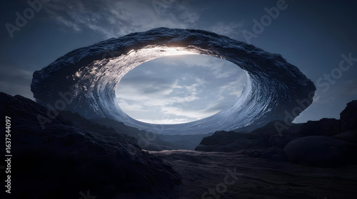 Abstract Geometric Arch Structure In Dark Landscape