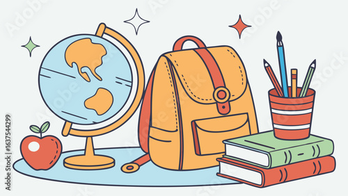Colorful School Supplies and Globe on a Desk.