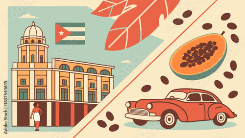 Cuba Illustration Building Flag Woman Car Papaya Leaves and Coffee Beans.