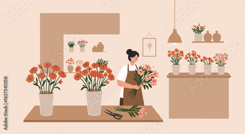 Florist arranges fresh flowers in a shop with vases, scissors, and a neutral palette