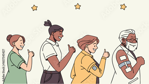 Diverse Group of People Showing Thumbs Up After Vaccination with Stars.
