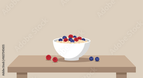 Breakfast Bowl Cereal with berries in a white bowl on a wooden table against a light background