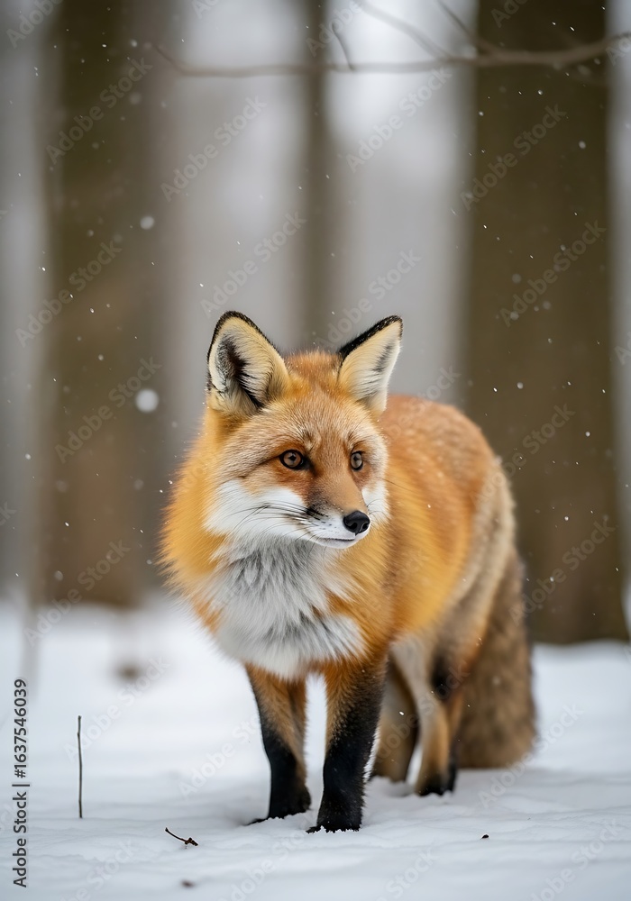 Obraz premium Red Fox Portrait in Snowy Forest, Winter Wildlife Scene