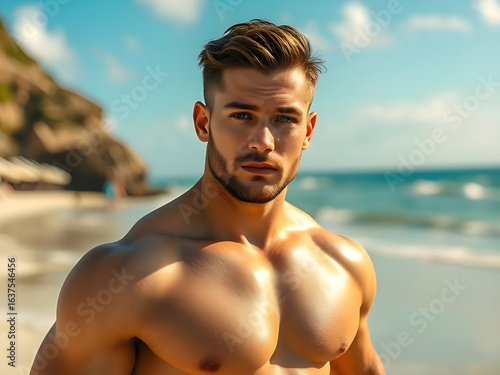 Muscular Bodybuilder at a Stunning Beach - Sexy Male Model