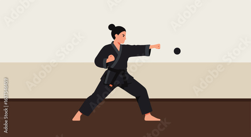 Martial Arts Person in uniform punching at target with black belt, pose is balanced, and active