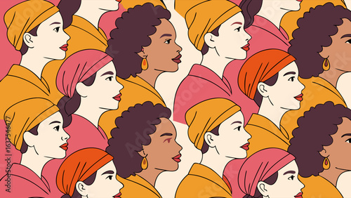 Diverse Women A Pattern of Female Faces in Profile with Headscarves.