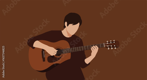 Faceless person strums acoustic guitar in shades of brown on a dark brown backdrop