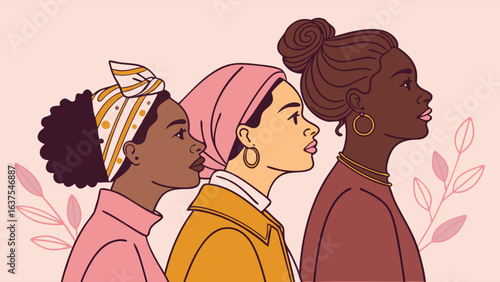 Diverse Women in Profile with Headscarves and Stylish Clothing.