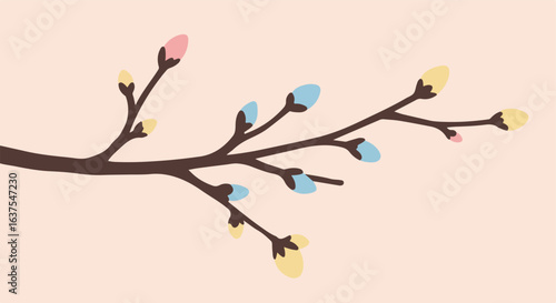 Delicate twig with yellow, pink, and blue buds on light peach background