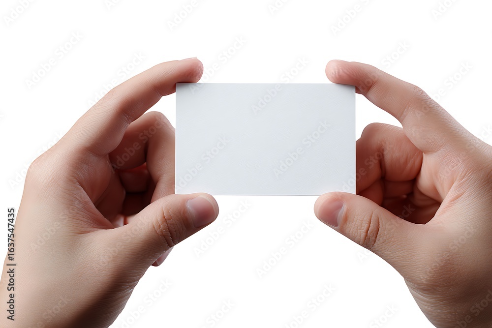 Obraz premium Blank business card held by hands ready for branding or design on a clean white background, perfect for marketing