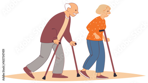 Elderly Couple Walking with Walking Sticks.