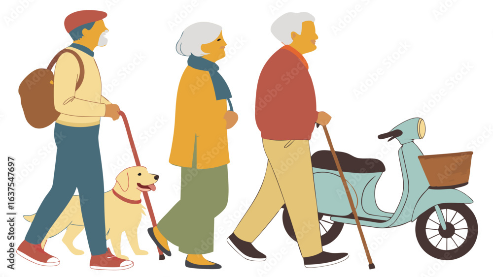 Fototapeta premium Elderly People Walking with Dog and Scooter Illustration.