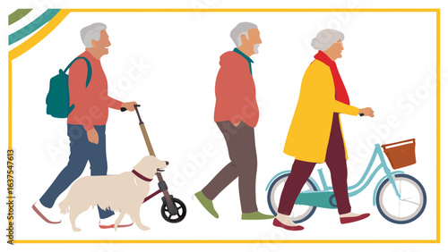 Elderly People Enjoying Outdoor Activities with Dog and Bicycle 1.