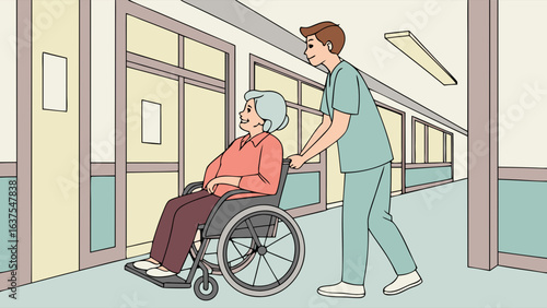 Elderly Woman in Wheelchair Assisted by Caregiver in Hospital Corridor.