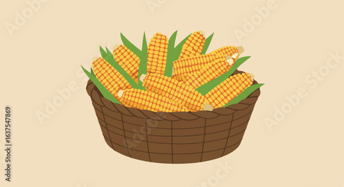 Corn basket Vector illustration of corn cobs with husks in a brown woven container