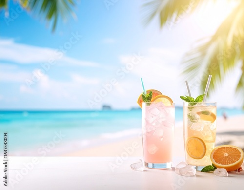 夏　リゾート　南国ビーチとフルーツドリンク