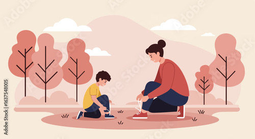 A parent helps a child tie shoes in a park, trees in background, flat illustration