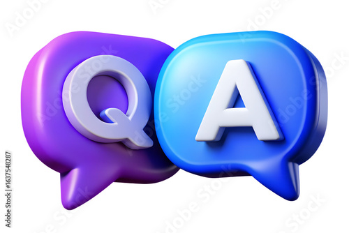Shiny purple and blue speech bubbles display QA with white letters on transparent background