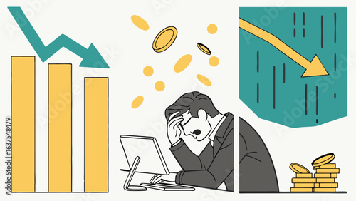 Financial Crisis Depicted with Falling Charts and Stressed Businessman.