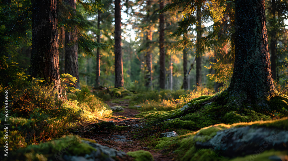 Naklejka premium Nordic pine forest in the evening light. Short depth-of-field.