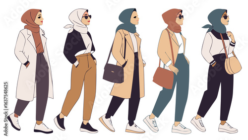 Five Stylish Muslim Women in Hijabs and Modern Outfits.