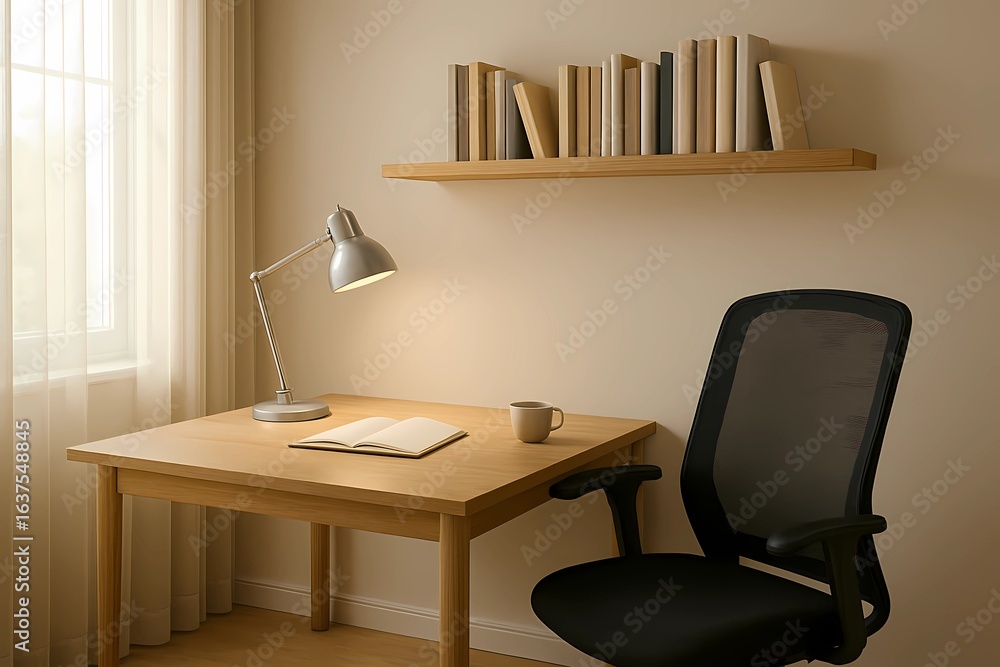 Cozy Home Office Desk in a Minimalist Room, Wooden Table, Bookshelf on the Wall, Desk Lamp, and an Office Chair, Warm Lighting