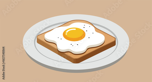 Toast with sunny-side up egg on plate, with yolk and white cooked. Minimal art