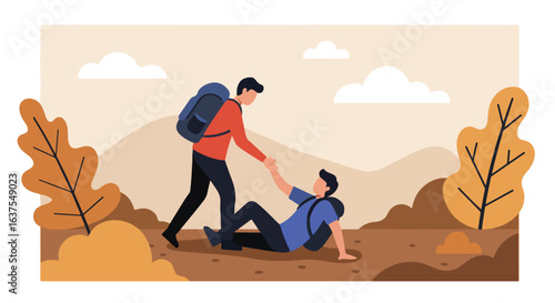 Helping hand Hiker pulling up friend on arid terrain, with sparse foliage and sky