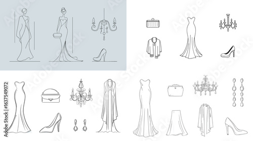 Elegant evening dress icon set featuring gowns, accessories, shoes, and chandeliers in minimalist line art style.