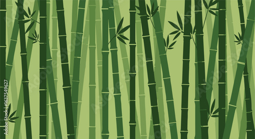 Dense bamboo forest with various shades of green and sparse leaves detail